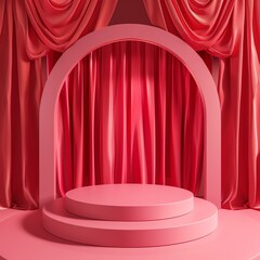 Elegant pink stage with velvet curtains and circular arch, perfect for presentations and events with a touch of luxury and sophistication.