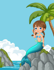 Cartoon mermaid sitting on rocks by the sea