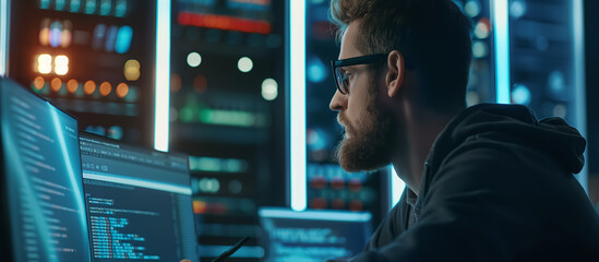 Professional specialist using device writing code computer network maintenance at the control data room.
