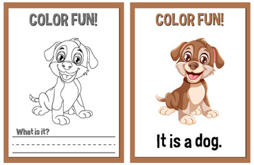 Coloring book pages with cartoon dog illustrations