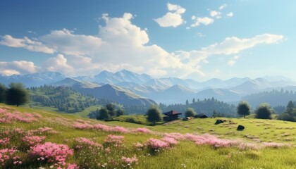 Fototapeta premium A stunning spring day landscaping views of fertile land surrounded beautiful green vegetation, wide stretches of hills and mountains with clear skies in spring