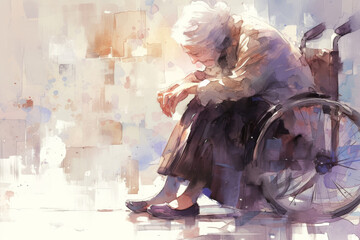 Elderly Woman in Wheelchair Serene Watercolor Art Depicting Solitude and Reflection