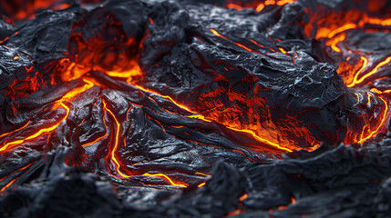 Fiery Molten Lava Flowing Over Charred Volcanic Rock Background