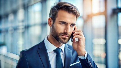 Focused Businessman on Call: A portrait of a focused businessman on a phone call, representing communication and decision-making in commerce.
