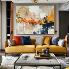 A sofa for 4 people inside the interior and a warm wall art