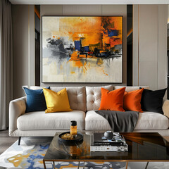 A sofa for 4 people inside the interior and a warm wall art