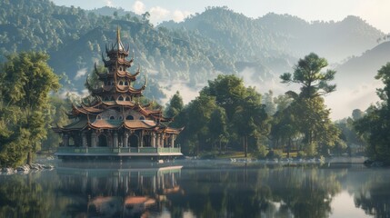 An ancient pagoda with ornate, curved roofs stands in the middle of a tranquil lake
