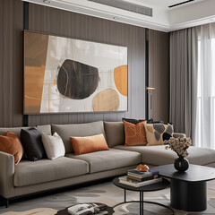 A sofa for 4 people inside the interior and a warm wall art