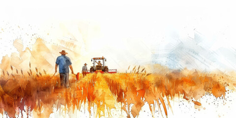 Fototapeta premium Watercolor Landscape of Farmers and Tractor in Wheat Field at Harvest Time