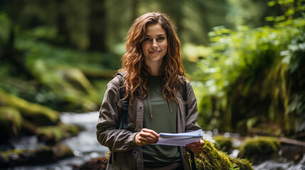 Woman with wearing field gear and holding a clipboard filled with data.