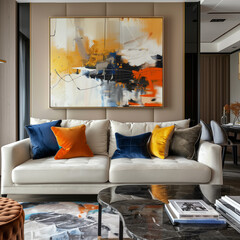 A sofa for 4 people inside the interior and a warm wall art