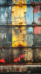 Rusted Metal Wall with Faded Graffiti, Urban Decay, Textured Industrial Background, Weathered and Corroded Surface, Gritty Vintage Aesthetic, Urban Art Covered Up, Steampunk Grunge Vibes