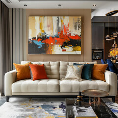 A sofa for 4 people inside the interior and a warm wall art