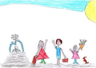 Child drawing OF A Family Travelling. Sights of the world. Pencil art in childish style.
