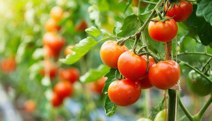 Home grown tomato vegetables growing in greenhouse. Vegetable Growing. Farming, gardening concept