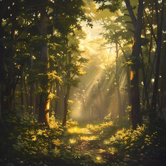 A serene forest glade illuminated by shafts of golden sunlight: Graphic background for decorating works, mobile screens, or as a background image.