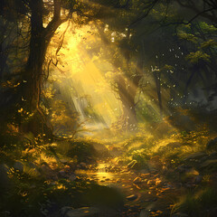 Obraz premium A serene forest glade illuminated by shafts of golden sunlight: Graphic background for decorating works, mobile screens, or as a background image.