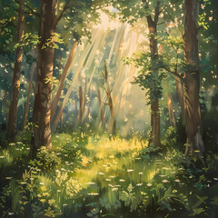 A serene forest glade illuminated by shafts of golden sunlight: Graphic background for decorating works, mobile screens, or as a background image.