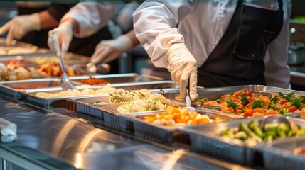 Close up of a buffet worker wearing protective gloves distributing and pouring food
