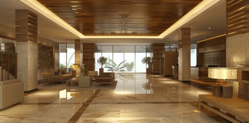 A large lobby with a lot of space and a lot of furniture