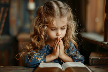 A girl prays while sitting over the Bible. Religious concept.