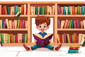 Illustration of a schoolboy with a book in his hands, sitting at a table with bookshelves in the background. The concept of nurturing a love of reading in children.