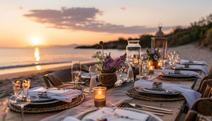 Luxurious dinner table set up on the beach as the sun sets in the background