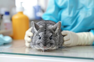 The hands of a veterinarian examine a chinchilla lying on a table in a clinic. The concept for the development of veterinary clinics and animal treatment.
