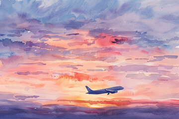 Watercolor Illustration of Airplane Soaring at Stunning Sunset Sky