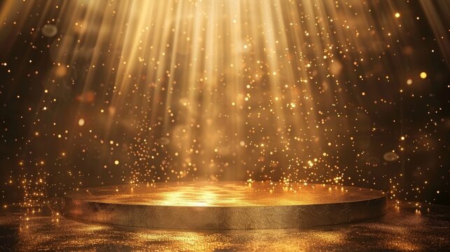 Podium with golden light lamps background. Golden light award stage with rays and sparks