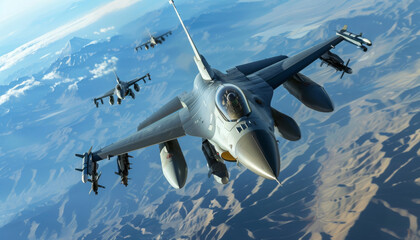 Fototapeta premium A group of powerful fighter jets soaring through the clear blue sky, showcasing strength and precision