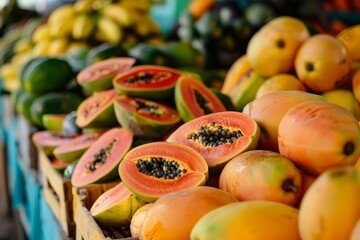 Papaya harvest close-up, collected in boxes. . Harvest and gathering fruits concept.
