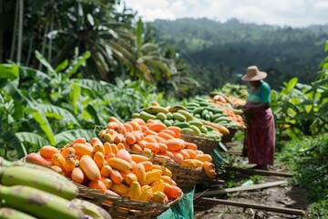 Papaya harvest collected in carts and a figurine of a woman against the backdrop of beautiful nature. . Harvest and gathering fruits concept.
