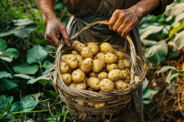 Farmer's hands holding a basket filled with potatoes. Harvest gathering concept.
