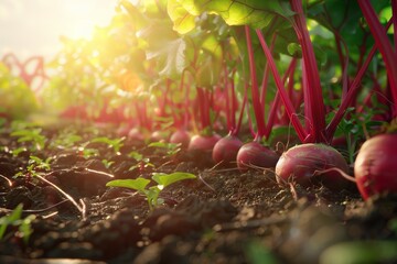 Harvest of beets growing in a vegetable garden in the sun. Concept of growing vegetables.
