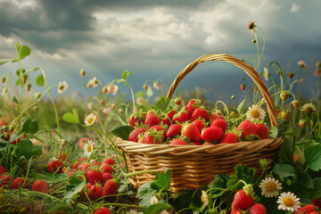 A painting depicting a strawberry field, a cloudy sky and a basket filled with strawberries.