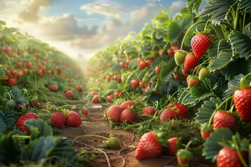 Long rows of ripe red strawberries on bushes in a field and a beautiful sky.