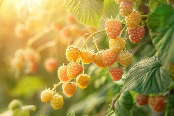Harvest of yellow raspberries hanging beautifully on the branches. Harvest berries concept.
