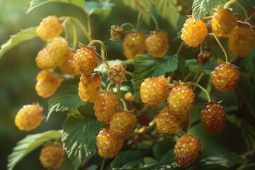 Harvest of yellow raspberries hanging beautifully on the branches. Harvest berries concept.
