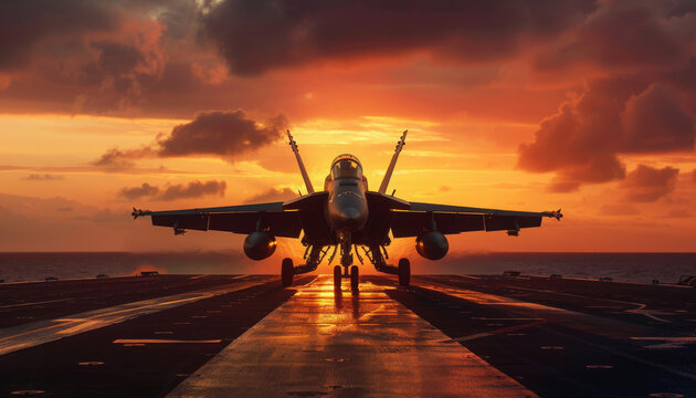 Jet fighter on an aircraft carrier at sunset