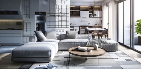 Grand modern house with a cohesive layout encompassing a kitchen, living area, and dining room, providing a harmonious environment for everyday living and gatherings. Interior decor concept