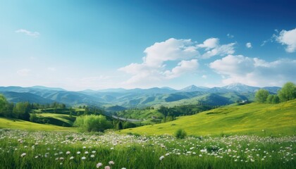 Obraz premium A stunning spring day landscaping views of fertile land surrounded beautiful green vegetation, wide stretches of hills and mountains with clear skies in spring