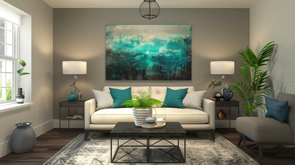 a chic taupe accent wall adorned with striking teal artwork or wall décor