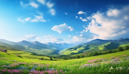 Fototapeta premium A stunning spring day landscaping views of fertile land surrounded beautiful green vegetation, wide stretches of hills and mountains with clear skies in spring