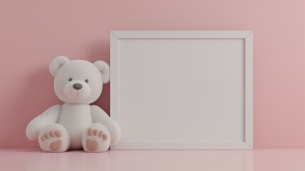 Frame mockup, empty picture frame for poster with cute white teddy bear background, 3D render