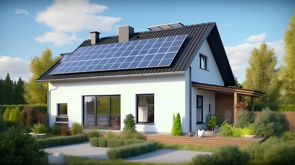 Solar panels on the roof of the modern house. Generative AI