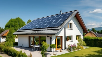 Obraz premium Modern eco-friendly passive house with solar panels on the roof. Generative AI