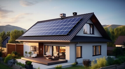 Modern eco-friendly passive house with solar panels on the roof. Generative AI