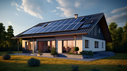Obraz premium Modern eco-friendly passive house with solar panels on the roof. Generative AI