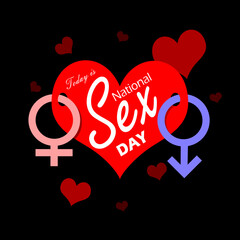 National Sex Day event banner. A heart with male and female symbols on black background to celebrate on June 9th